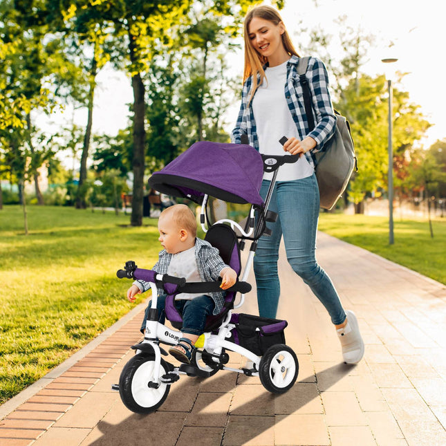 Dětská tříkolka s vodicí tyčí, stříškou a úložným košem