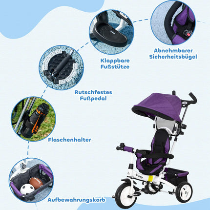 Children's Tricycle with Push Bar, Canopy, Storage Basket