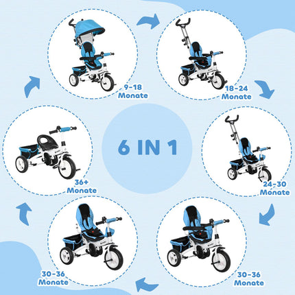 6-in-1 children's tricycle with push bar, roof, belt, storage basket, for 1-5 years, blue