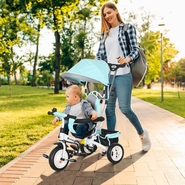 Dětská tříkolka s vodicí tyčí, stříškou a úložným prostorem – zelená