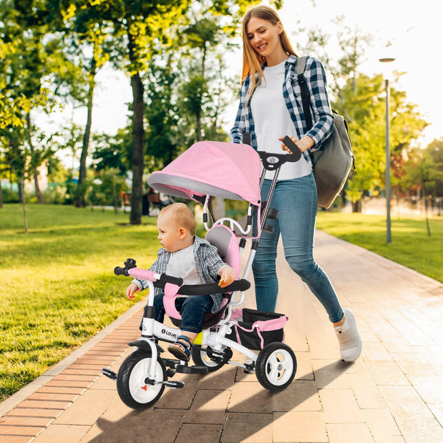 Dětská tříkolka s vodicí tyčí, stříškou a úložným prostorem, růžová