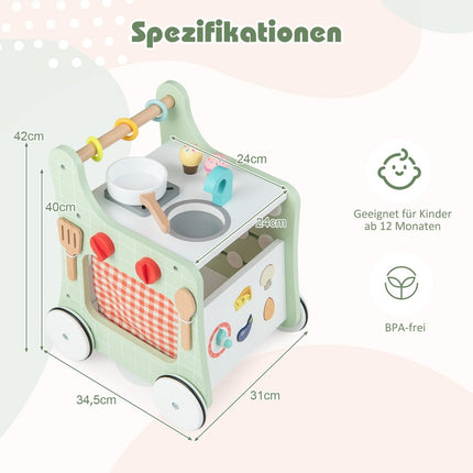 Dřevěné dětské chodítko 6 v 1 s kuchyňkou, hodinami, vkládacími tvary a posuvníkem, zelená