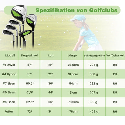 Dětská golfová sada 6 ks s bagem a pláštěnkou pro děti 11-13 let, zelená