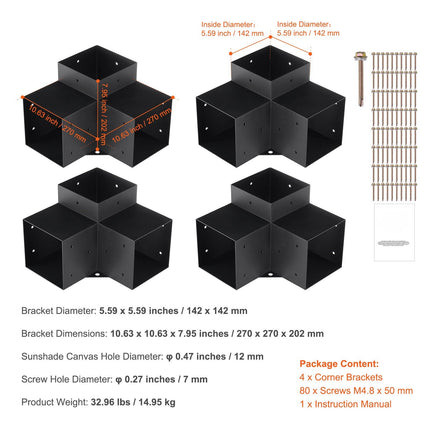 6x6 Three-Way Pergola Corner Bracket Kit, 4 Pack Steel