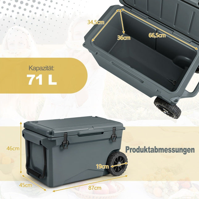 Termobox 71L s otvírákem na lahve a rukojetí a kolečky přenosná chladnička termonádoba šedá