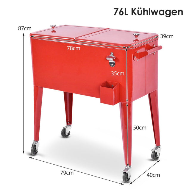 Chladicí vozík 76L s kolečky odkládací vozík mobilní chladicí box vozík na nápoje 91 x 48 x 87 cm červený