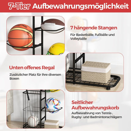 7 Tier Ball Storage Rack with Removable Hanging Rods & Eye Storage Basket