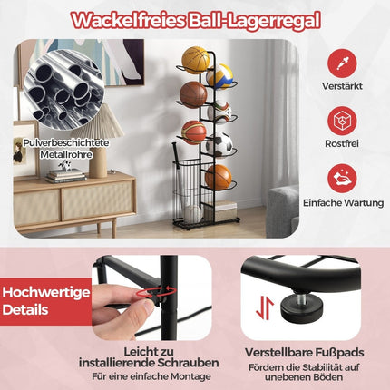 7 Tier Ball Storage Rack with Removable Hanging Rods & Eye Storage Basket
