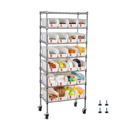7-Tier Rolling Bin Storage Rack, 24 Bins, Wheels