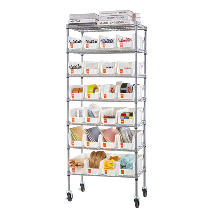 7-Tier Rolling Bin Storage Rack, 24 Bins, Wheels