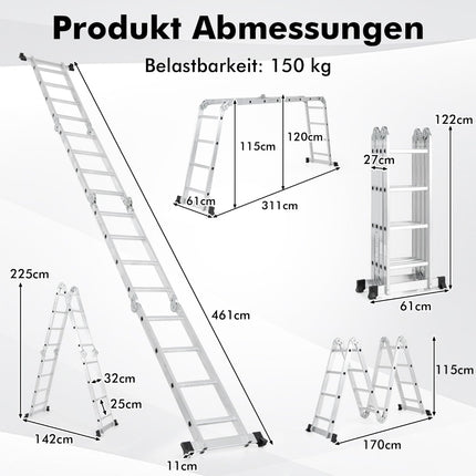 7-in-1 Mehrzweckleiter, 4,6 m, rutschfest, 150 kg Tragkraft