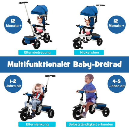 Dětská tříkolka 7 v 1 s otočnou sedačkou a nastavitelnou stříškou a vodicí tyčí odrážedlo modrá