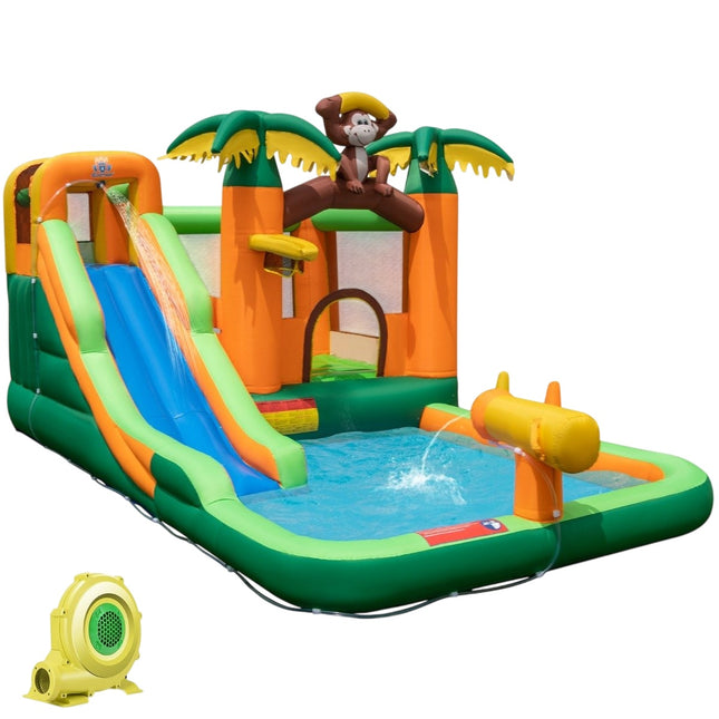 7-in-1 tropical water park with slide & basketball hoop & water gun with 680W blower