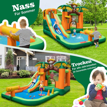 7-in-1 tropical water park with slide & basketball hoop & water gun with 680W blower