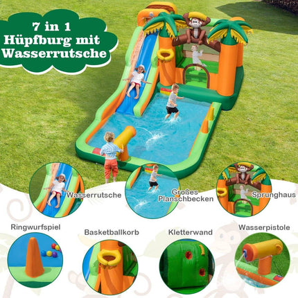 7-in-1 tropical water park with slide & basketball hoop & water gun with 680W blower