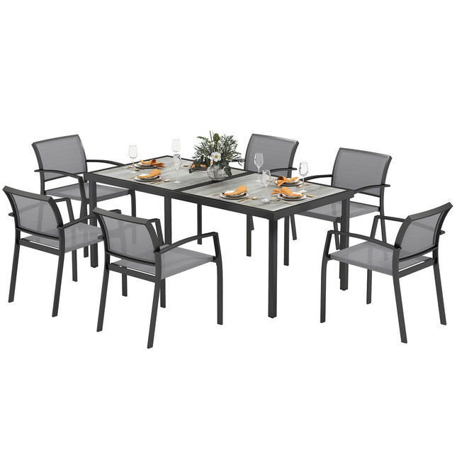 7-delige zitgroep. Eetgroep voor 6 personen, eettafel met 6 stapelbare stoelen, eetkamergroep, keukentafelset met stalen frame, balkonmeubel, tuinmeubel voor terras, balkon, grijs Aosom