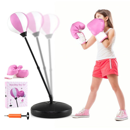 Výškově nastavitelná boxovací hruška 81-123.5cm včetně boxerských rukavic a pumpičky dětský boxovací set růžový