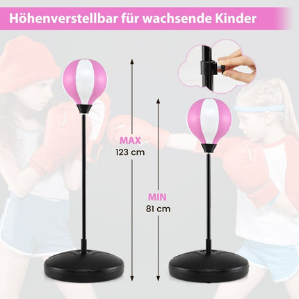Výškově nastavitelná boxovací hruška 81-123.5cm včetně boxerských rukavic a pumpičky dětský boxovací set růžový