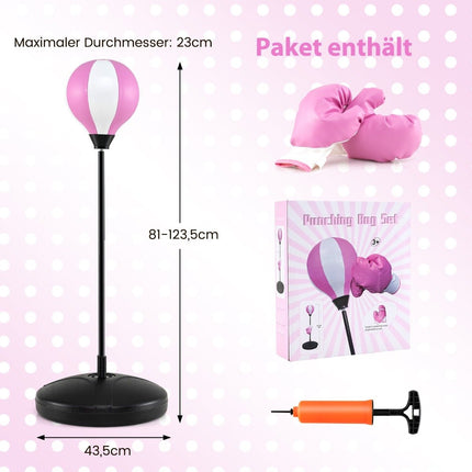 Výškově nastavitelná boxovací hruška 81-123.5cm včetně boxerských rukavic a pumpičky dětský boxovací set růžový