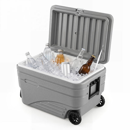 84 Quart Wheeled Ice Cooler, Gray, Foldable Handle
