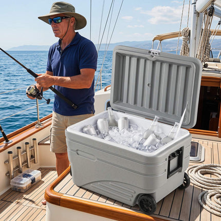 84 Quart Wheeled Ice Cooler, Gray, Foldable Handle