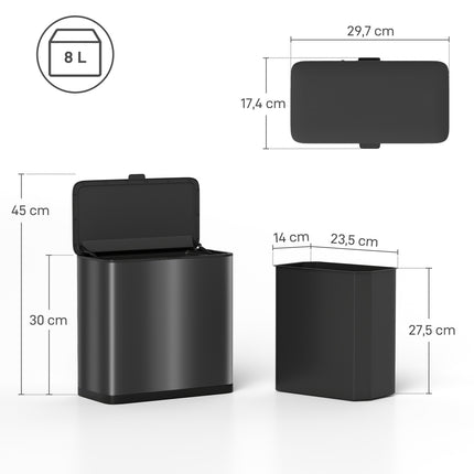 8L Stainless Steel Trash Can, Freestanding or Wall-Mounted