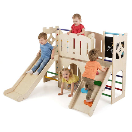 8-in-1 Indoor Wooden Playground with Slide & Climbing Ladder