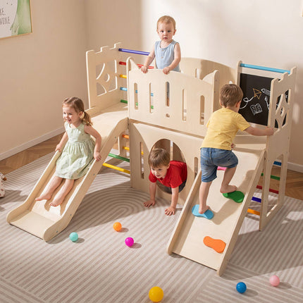 8-in-1 Indoor Wooden Playground with Slide & Climbing Ladder