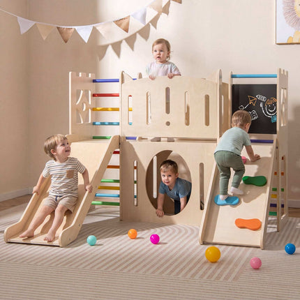 8-in-1 Indoor Wooden Playground with Slide & Climbing Ladder