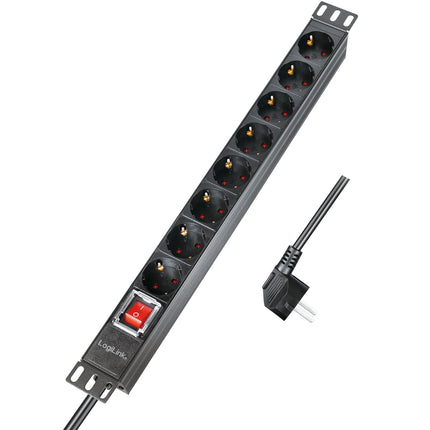 8cestná rozbočovací zásuvka s vypínačem pro 19" rack U1 černá