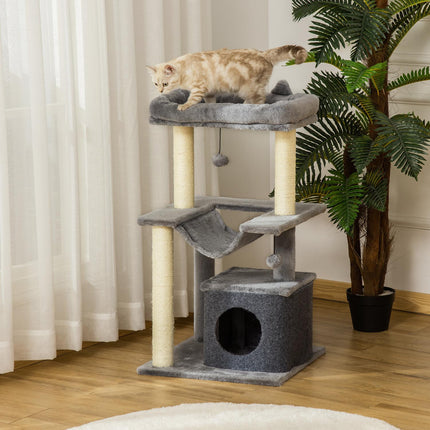 Kočičí strom s houpací sítí, plyš a sisal, 90 cm, šedá