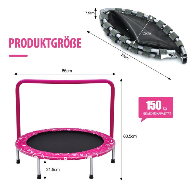 Dětská trampolína 92 cm, mini trampolína s madlem, skládací trampolína, nosnost do 150 kg, růžová + černá