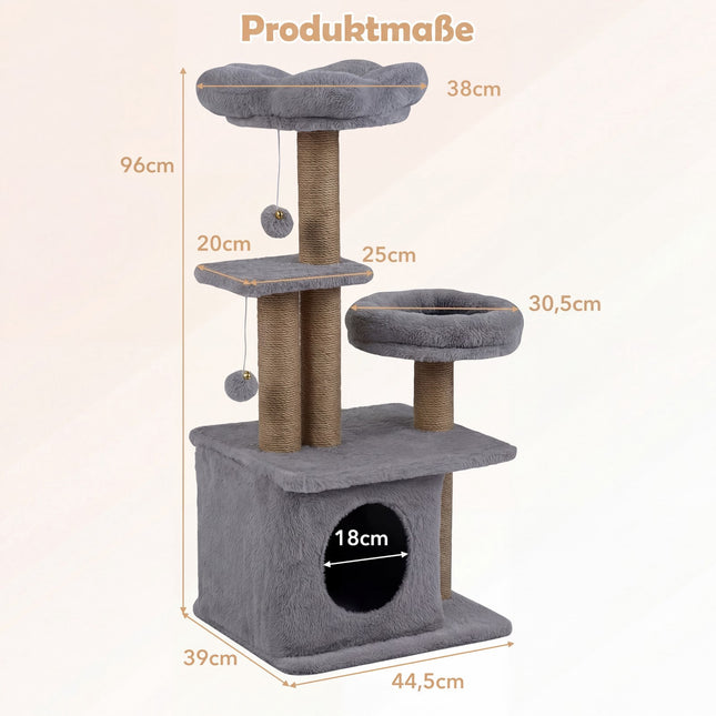 Kočičí strom 96 cm s domečkem, plošinou, pelíškem a hračkami, šedý