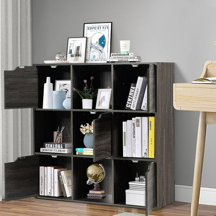 9-Fach-Aufbewahrungsregal mit Türen, freistehendes Bücherregal aus Holz, Grau