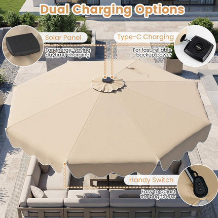 9 Ft Solar Patio Umbrella with LED Lights, Beige