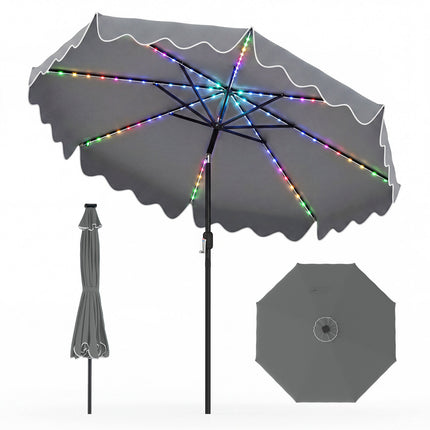 9 Ft Solar Patio Umbrella with LED Lights, Gray
