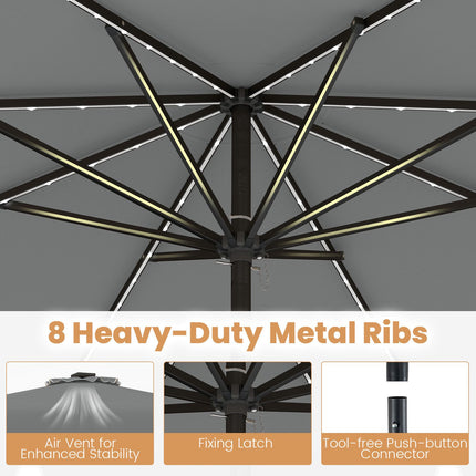 9 Ft Solar Patio Umbrella with LED Lights, Gray