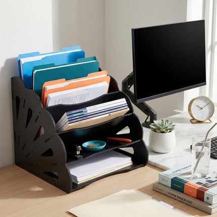 Organizér na stůl A4 z MDF, 5 přihrádek - černý