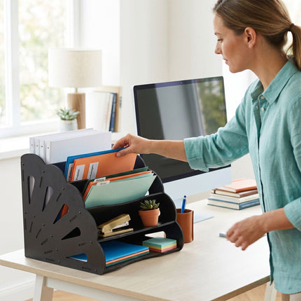 Organizér na stůl A4 z MDF, 5 přihrádek - černý