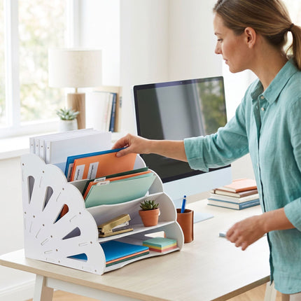 Organizér na stůl A4 z MDF, 5 přihrádek - bílý