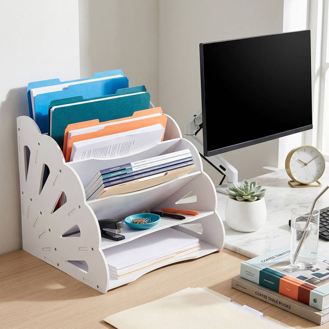A4 MDF Desk Organiser, 5 Compartments - White