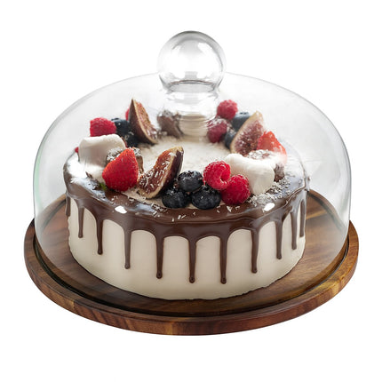 Acacia Wood Cake Stand with Glass Dome Lid