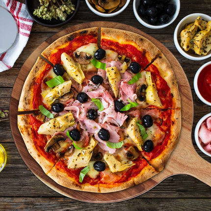 Servírovací prkénko na pizzu z akáciového dřeva s rukojetí, velké