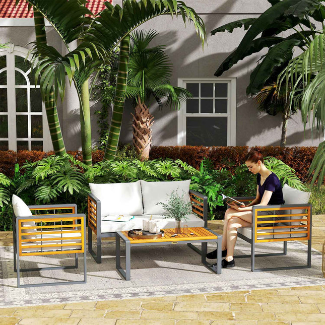 Acaciahouten tuinmeubelset, zitgroep voor 4 personen, tuinsalon met 2-zitsbank, 2 fauteuils, kussens, bijzettafel in lattendesign, buitenbalkonmeubilair, terrasmeubilair voor tuin, balkon, beige