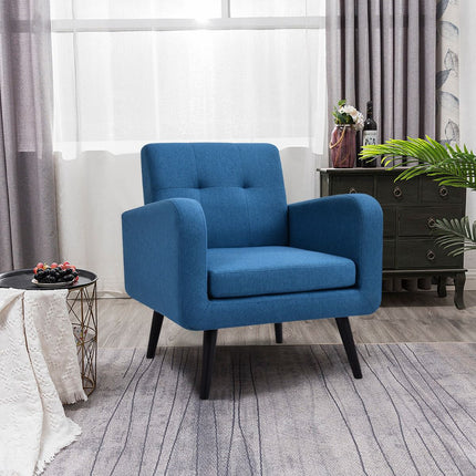 Designové křeslo, lněný potah, nohy z kaučukovníku, modrá