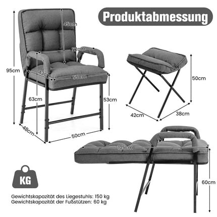 Designové křeslo s podnožkou, nastavitelná opěrka, šedý len