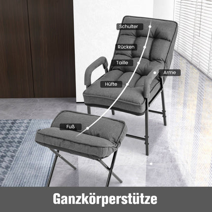 Designové křeslo s podnožkou, nastavitelná opěrka, šedý len