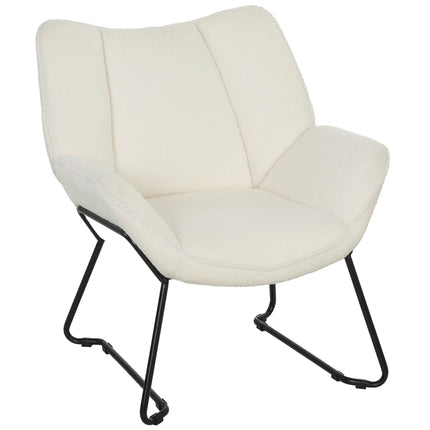 Designové křeslo, sherpa flís, široké opěradlo, ocelové nohy, bílá