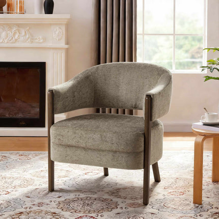 Accent Chair with Chenille Upholstery and Solid Wood Frame, Light Brown, 120 kg
