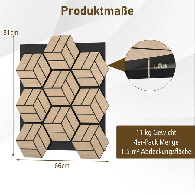 Akustické nástěnné panely, šestihranné dřevo, pohlcují zvuk, 4 ks